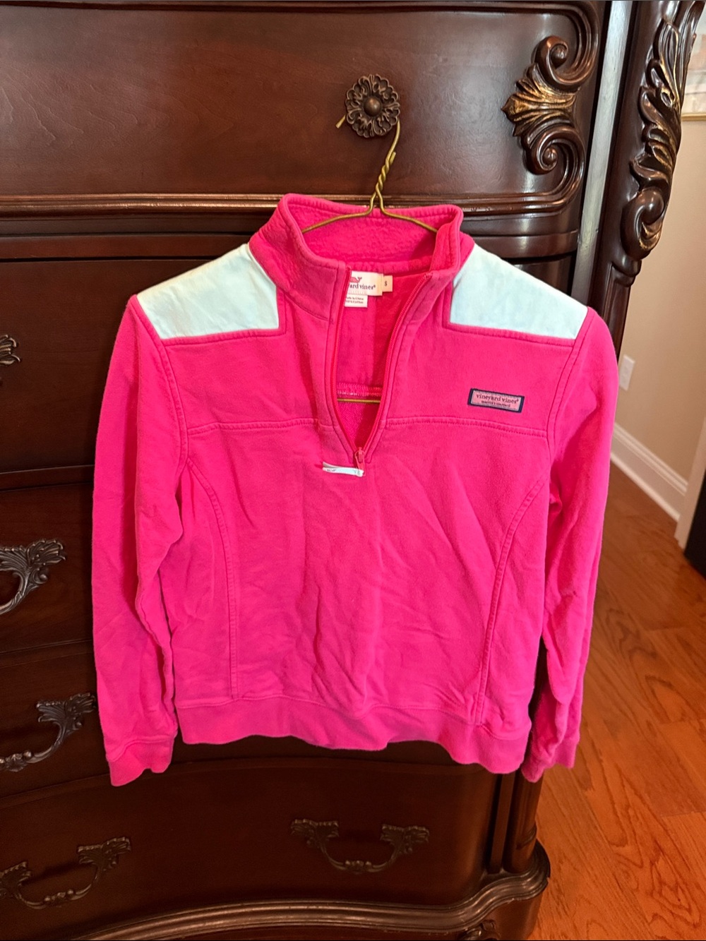 Vineyard Vines Hot Pink Quarter-Zip Pullover with pale blue Shoulder Panels